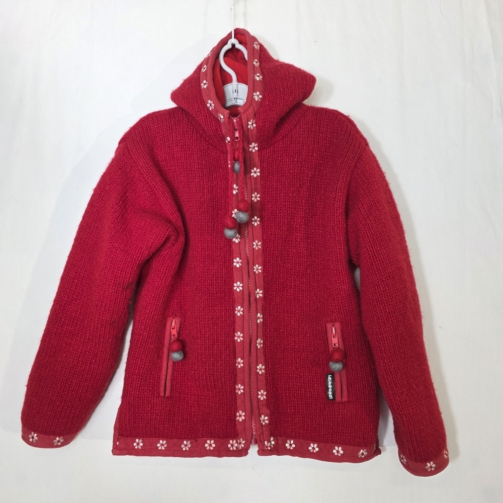 Laundromat handmade wool knit Red Teddy zip up hoodie Jacket with Floral Trim